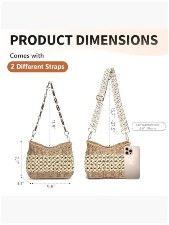 Straw Woven Crossbody Bag with Adjustable Strap, Small Summer Handbag - Picture 6 of 7